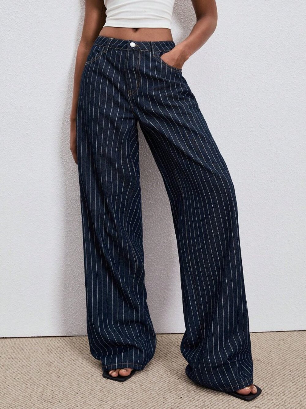 Blue Casual Women's Striped Print Wide Leg Jeans